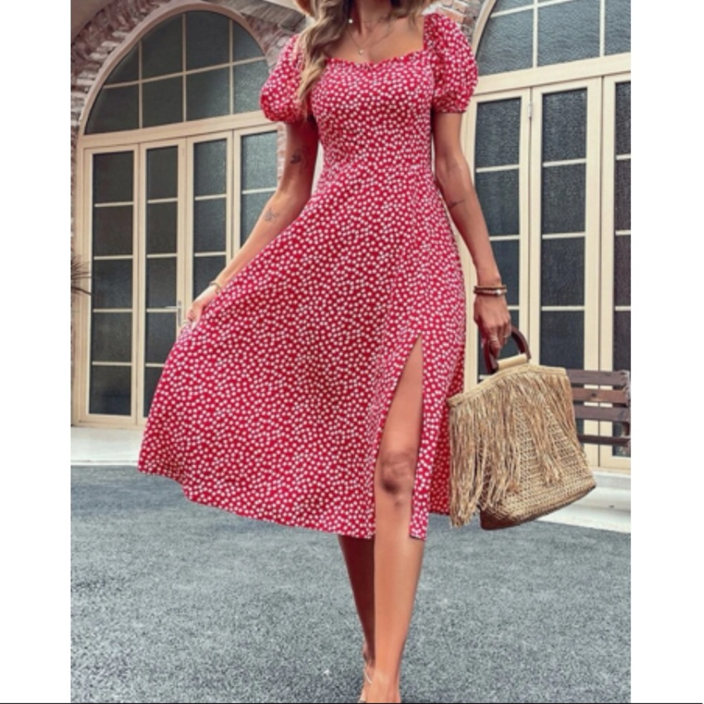 Boho polka dots puff sleeve slit thigh dress - Picture 16 of 16